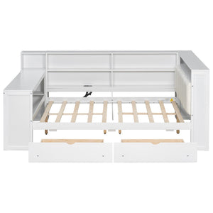 English Elm Wood Full Platform Bed with Led Headboard Built-in Desk Charging Station and Storage Shelves Beige+White N7090001047K-1