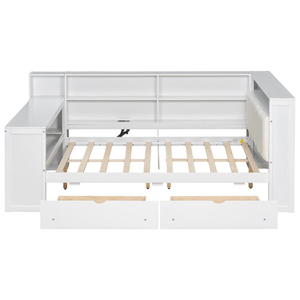 English Elm Wood Full Platform Bed with Led Headboard Built-in Desk Charging Station and Storage Shelves Beige+White N7090001047K-1