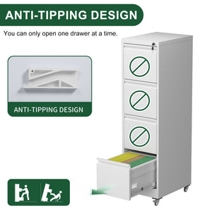 English Elm 4 Drawer Locking File Cabinet on Wheels with Anti-Tilt System, Corrosion-Resistant Metal, Secure Mobile Storage White T2398P310005