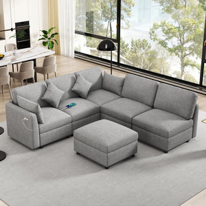 English Elm 86.6" Sectional Sofa Modular U-Shape Convertible Sofa Bed with Movable Ottoman, USB Ports & Chenille Comfort LIGHT GREY N719S002130R