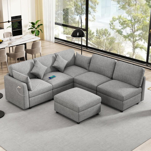 English Elm 86.6" Sectional Sofa Modular U-Shape Convertible Sofa Bed with Movable Ottoman, USB Ports & Chenille Comfort LIGHT GREY N719S002130R