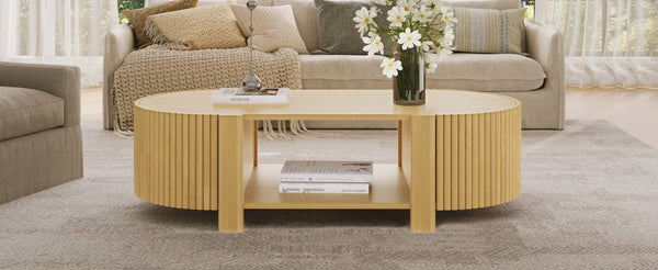 English Elm Oval Fluted Rubberwood Coffee Table with Open Storage Shelf for Living Room Natural N735P369880N