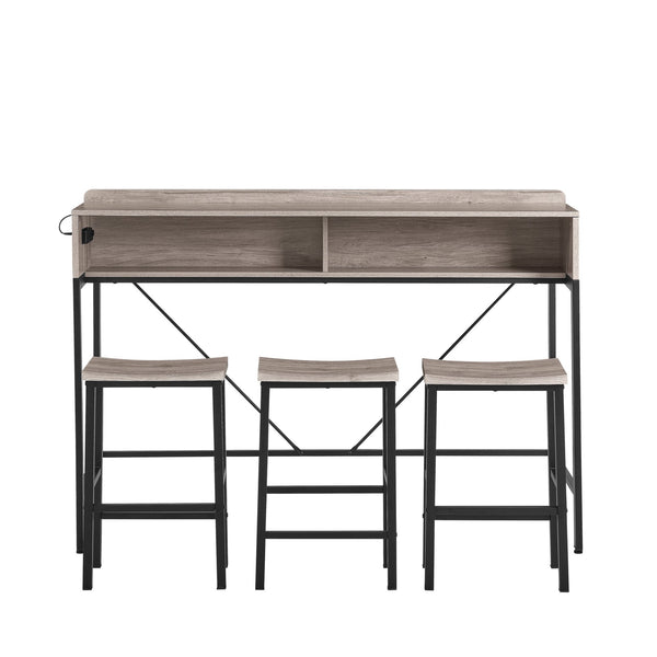 English Elm 59 Modern 59" Bar Table Set with LED Multicolor Lights, Built-In Power Socket & 3 Stools, Sturdy Grey W2972P313230