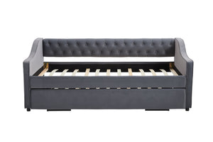 English Elm Twin Velvet Daybed with Pull Out Trundle Tufted Back Usb Port and Side Pockets Grey W1361S00036