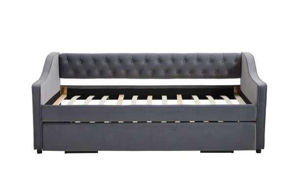 English Elm Twin Velvet Daybed with Pull Out Trundle Tufted Back Usb Port and Side Pockets Grey W1361S00036