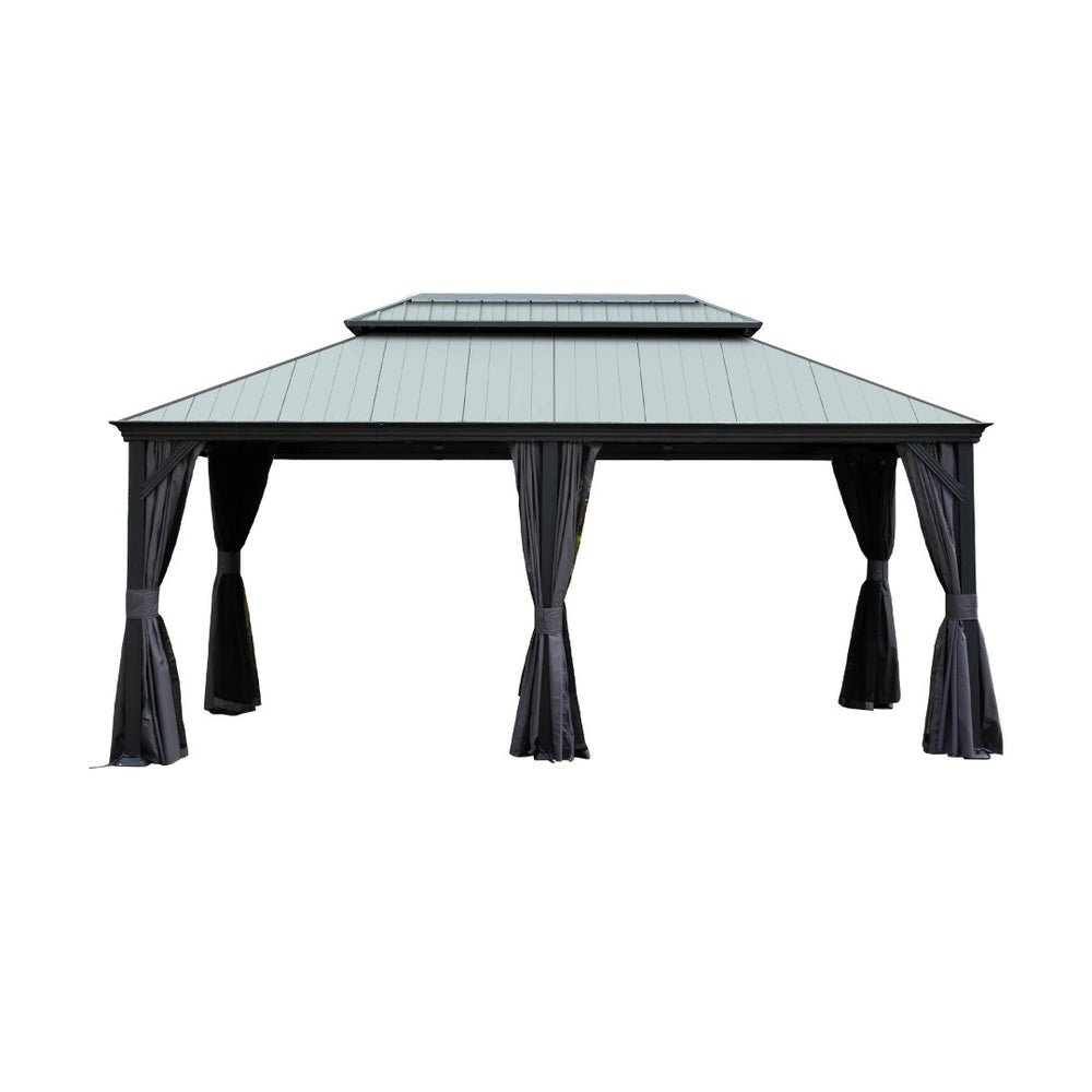 English Elm 12'x18' Hardtop Gazebo Dual Roof Steel Frame Permanent Patio Pavilion with Netting W1859S00187
