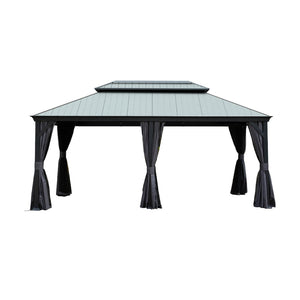 English Elm 12'x18' Hardtop Gazebo Dual Roof Steel Frame Permanent Patio Pavilion with Netting W1859S00187