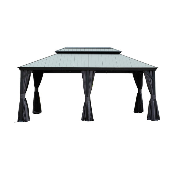 English Elm 12'x18' Hardtop Gazebo Dual Roof Steel Frame Permanent Patio Pavilion with Netting W1859S00187