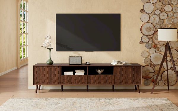 English Elm 78 Inch Walnut Entertainment Center Fluted Doors Solid Wood Legs for Living Room N710P372591P
