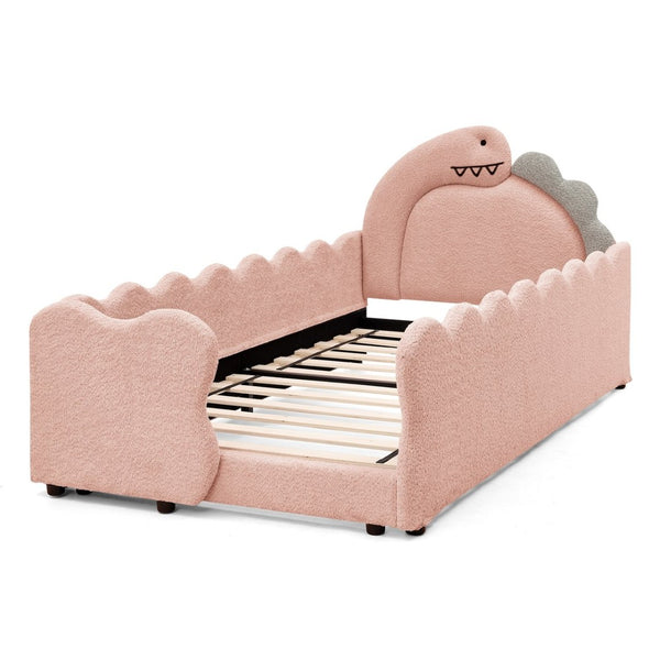English Elm Twin Dinosaur Boucle Upholstered Kids Bed Solid Wood Frame with Padded Safety Rails Pink W1413P384917