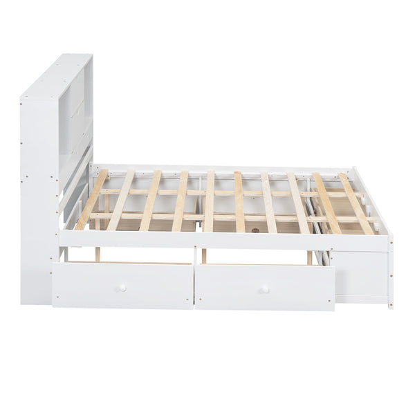 English Elm Queen Platform Bed with Built-In Headboard Storage and 8 Drawers, Solid Wood MDF, Sturdy Design White GX000453AAK