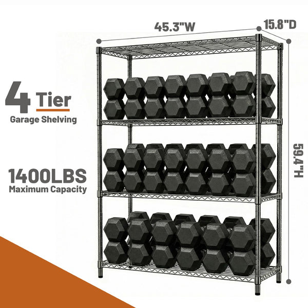English Elm 1400 Lbs Capacity Four Tier Wire Shelving Unit Heavy Duty Steel Garage Pantry Rack Black W5386P445377