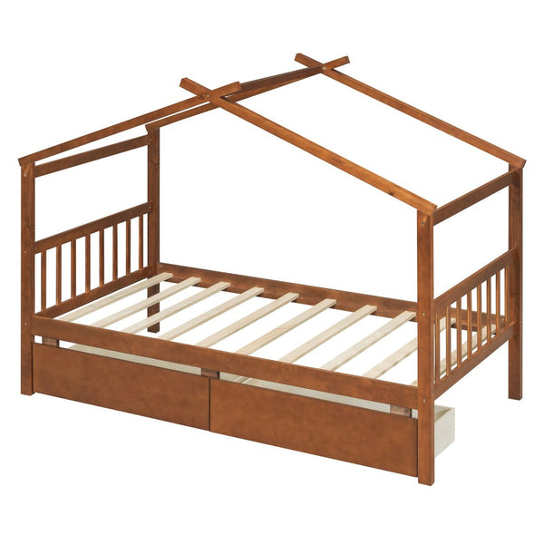 English Elm Twin House Bed Solid Pine Kids Cottage Frame with Storage Drawers Imaginative Room Walnut N708P309245L