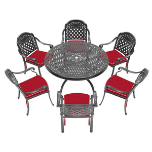 English Elm 7-Piece Cast Aluminum Patio Furniture Set With Red Cushions - Stylish, Durable, And Comfortable Dining! W1710S00483