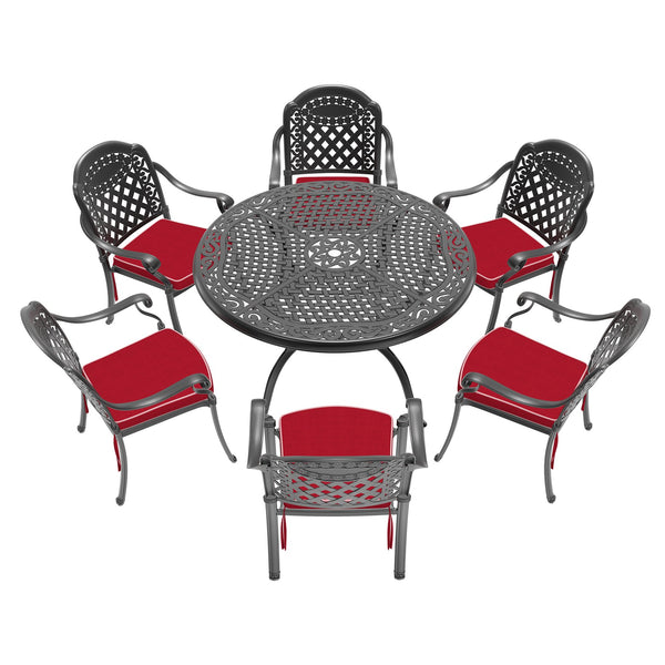 English Elm 7-Piece Cast Aluminum Patio Furniture Set With Red Cushions – Stylish, Durable, Weather-Resistant Design! W1710S00142