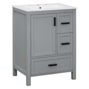 English Elm Modern 24 Inch Bathroom Vanity Solid Wood Cabinet with Ceramic Sink and Soft Close Storage Gray N729P292859E