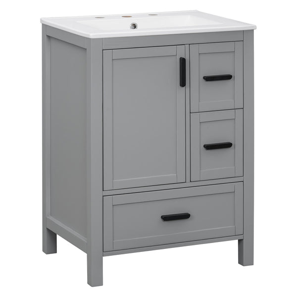 English Elm Modern 24 Inch Bathroom Vanity Solid Wood Cabinet with Ceramic Sink and Soft Close Storage Gray N729P292859E