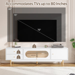 English Elm 70 Modern TV Stand for TVs up to 80" with Rattan Accents, Smooth Drawers, Flip-Up Storage, Durable Design White N710P339470W