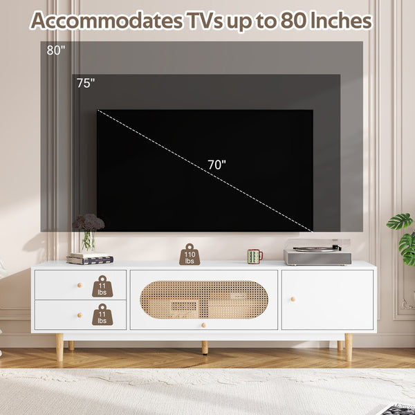 English Elm 70 Modern TV Stand for TVs up to 80" with Rattan Accents, Smooth Drawers, Flip-Up Storage, Durable Design White N710P339470W