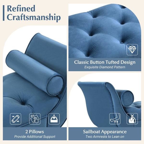 English Elm Upholstered Velvet Tufted Bench with Bolster Pillows Solid Oak Legs Bedroom Entryway Blue N761P304407C