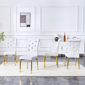 English Elm Set of 4 Glam Faux Leather Dining Chairs with Crystal Buckle and Gold Tone Legs White+Gold W3226P311058