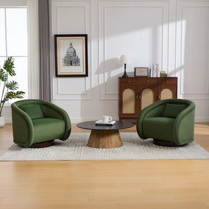 English Elm Swivel Barrel Chair Pumpkin Sculptural Velvet Upholstered with Walnut Wood Round Base Green W3244P427740