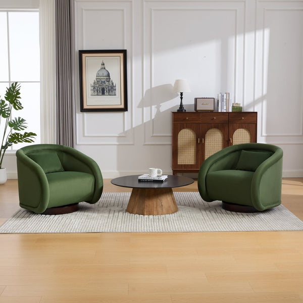 English Elm Swivel Barrel Chair Pumpkin Sculptural Velvet Upholstered with Walnut Wood Round Base Green W3244P427740