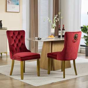 English Elm Mid-Century Tufted Velvet Dining Chair with Lion Head Pull Ring, Gold Legs, Nailhead Trim, Luxurious Support WINE RED W1143P233645