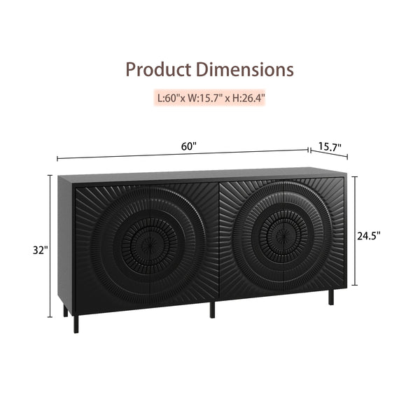 English Elm Modern Black Wood Sideboard Buffet Cabinet with Sunburst Doors, Adjustable Shelves, Entryway Accent Storage W2263P207530