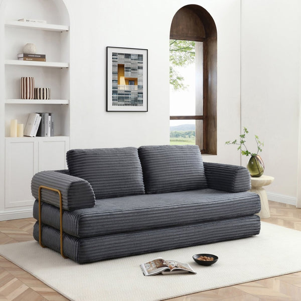 English Elm Convertible Floor Sofa Futon with Corduroy Upholstery for Living Room Lounging and Sleeping Grey W1117P434691