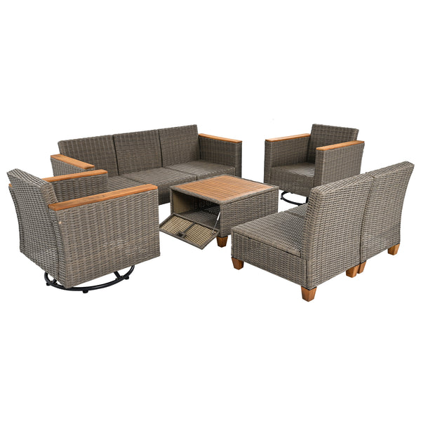 English Elm K&K 8-Piece Wicker Patio Set with 360° Swivel Rockers, Acacia Storage Table, Durable Cushions Beige+Brown N707S000016Z