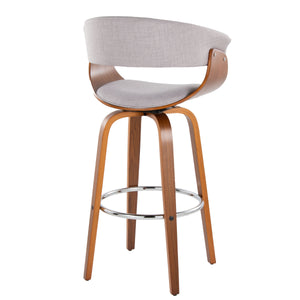 English Elm Vintage 30" Mid-Century Barstool Set of 2 — Swivel Walnut Frame, Stone Grey Fabric, Round Chrome Footrest B202S00720