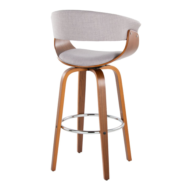 English Elm Vintage 30" Mid-Century Barstool Set of 2 — Swivel Walnut Frame, Stone Grey Fabric, Round Chrome Footrest B202S00720