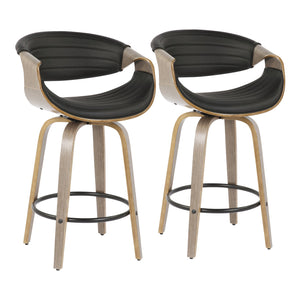 English Elm Symphony Mid-Century Counter Stool with Walnut Bent Legs and Tufted Faux Leather, Set of 2 Black B202S00373