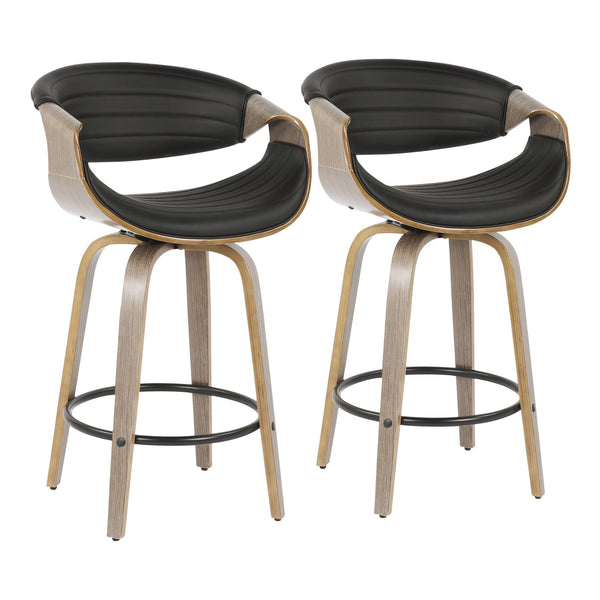 English Elm Symphony Mid-Century Counter Stool with Walnut Bent Legs and Tufted Faux Leather, Set of 2 Black B202S00373