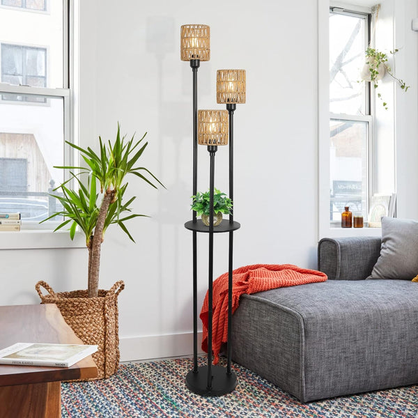 English Elm Boho 3-Light Floor Lamp with Shelf, Rattan Shades Rustic Tall Standing Lamp with Foot Switch W2738P185405