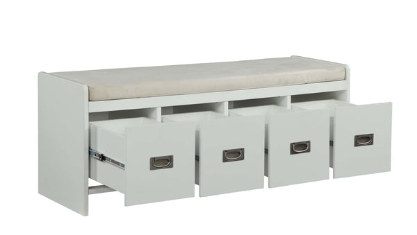 English Elm Berci Beige Fabric Storage Bench with 4 Drawers, White Sled Base, Padded Armless Seat, 300lb Capacity B2726P288782