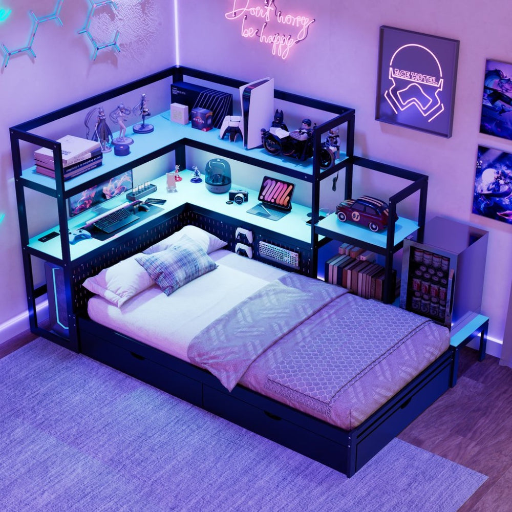 English Elm Twin Gaming Daybed with Led Strips Desk Pegboard Bookcase and Three Storage Drawers Black+Blue N820S00083C