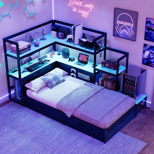 English Elm Twin Gaming Daybed with Led Strips Desk Pegboard Bookcase and Three Storage Drawers Black+Blue N820S00083C