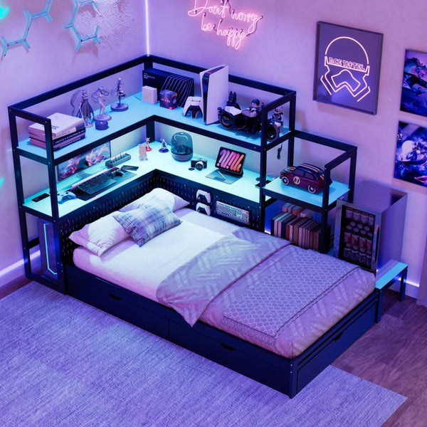 English Elm Twin Gaming Daybed with Led Strips Desk Pegboard Bookcase and Three Storage Drawers Black+Blue N820S00083C