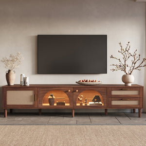English Elm 86 Inch Rattan Media Console with Led Lighting Two Drawers Modern Living Room Tv Stand N710P438977P