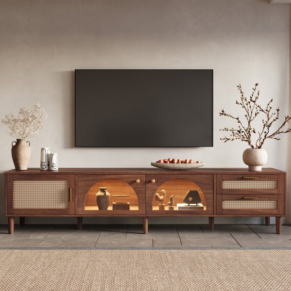 English Elm 86 Inch Rattan Media Console with Led Lighting Two Drawers Modern Living Room Tv Stand N710P438977P