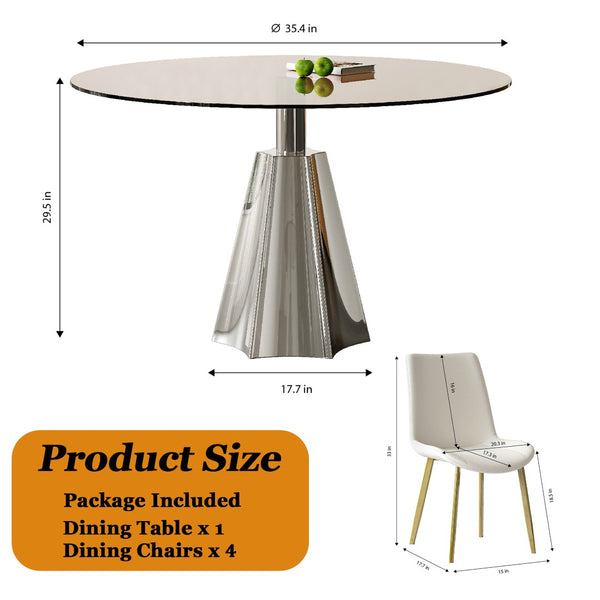 English Elm 35 Inch Round Glass Dining Set Mid Century 5 Piece with Flared Base Pu Chairs W2700S00081