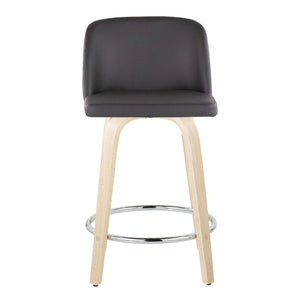 English Elm Fixed-height Swivel Counterstools Natural Wood Grey Faux Leather Chrome Footrest Pair B202S01768