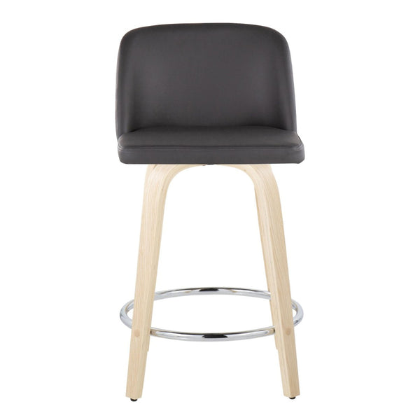 English Elm Fixed-height Swivel Counterstools Natural Wood Grey Faux Leather Chrome Footrest Pair B202S01768