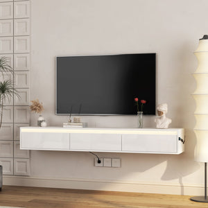 English Elm Floating LED TV Stand Wall Mounted Shelf with Power Outlet, High-Gloss White MDF Cabinet, Storage & Cord Management - Modern Living Room Accent W1321P311892
