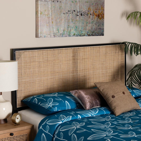 English Elm Modern Bayur Wood Queen Headboard with Woven Rattan Panel Boho Bedroom Accent Black+Brown B2750P467682