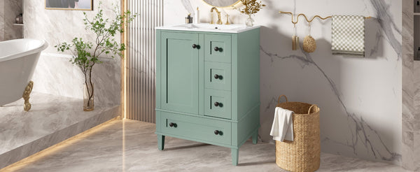 English Elm 24-inch Matte Bathroom Vanity Rubberwood Cabinet with Ceramic Sink and Soft-close Drawers Light Green N729P377516F