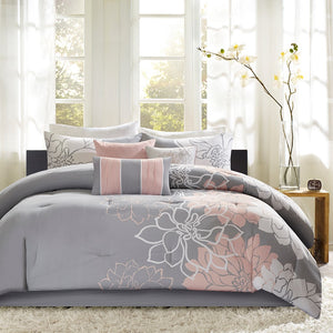 English Elm Printed Cotton Sateen Comforter Set King Grey/Peach — Floral Embroidered Pillows, OEKO-TEX Certified Luxury B03597063