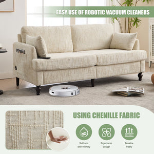 English Elm Modern chenille 2-seater sofa with LED lighting, USB charging, storage pocket, sturdy wood legs Beige W395P318540